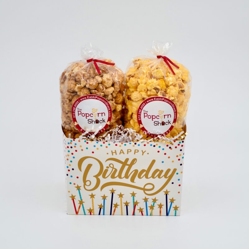 Cream colored basket with Happy Birthday in gold letters, surrounded by stars.